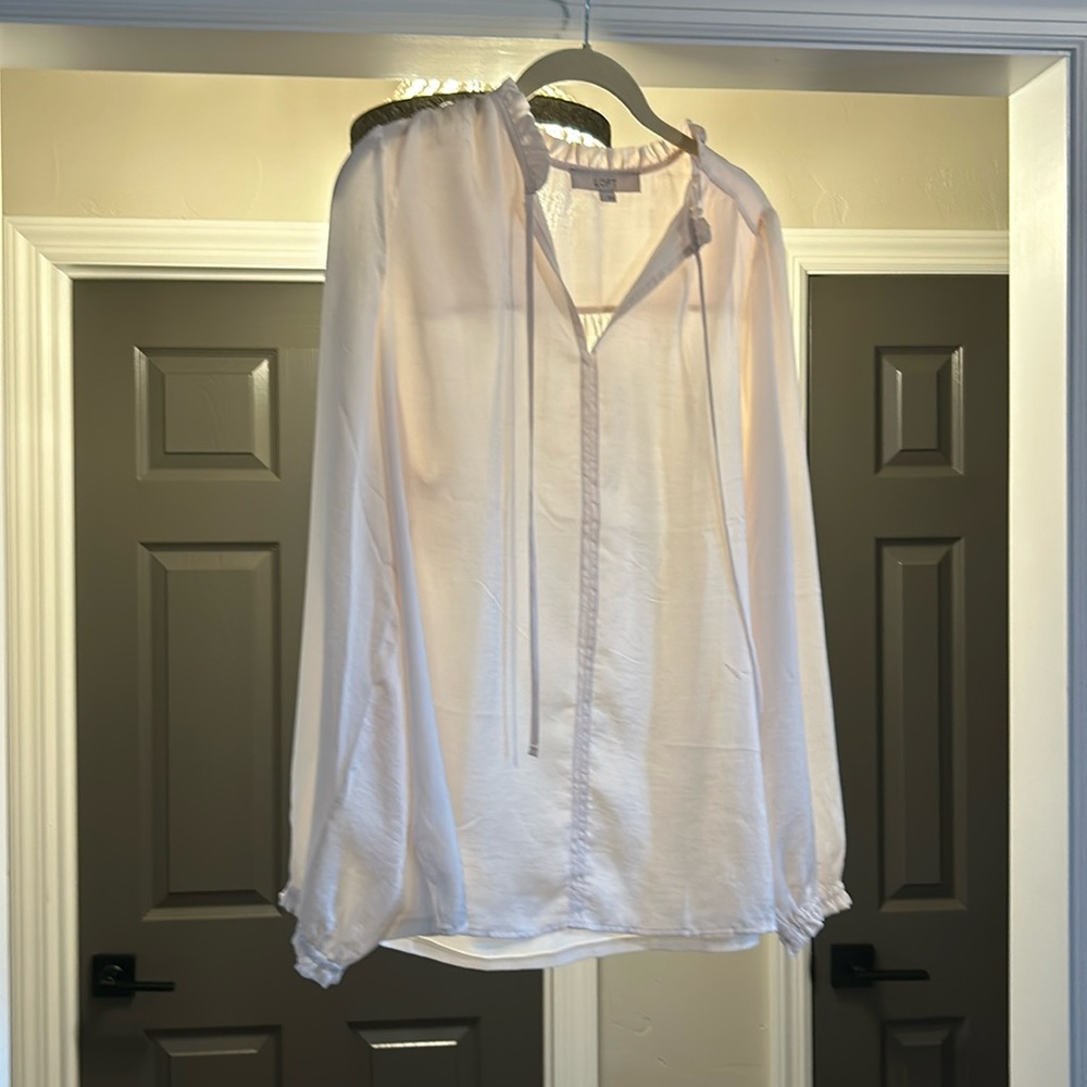 Large satin blouse with top ruffle and ruffle sleeves